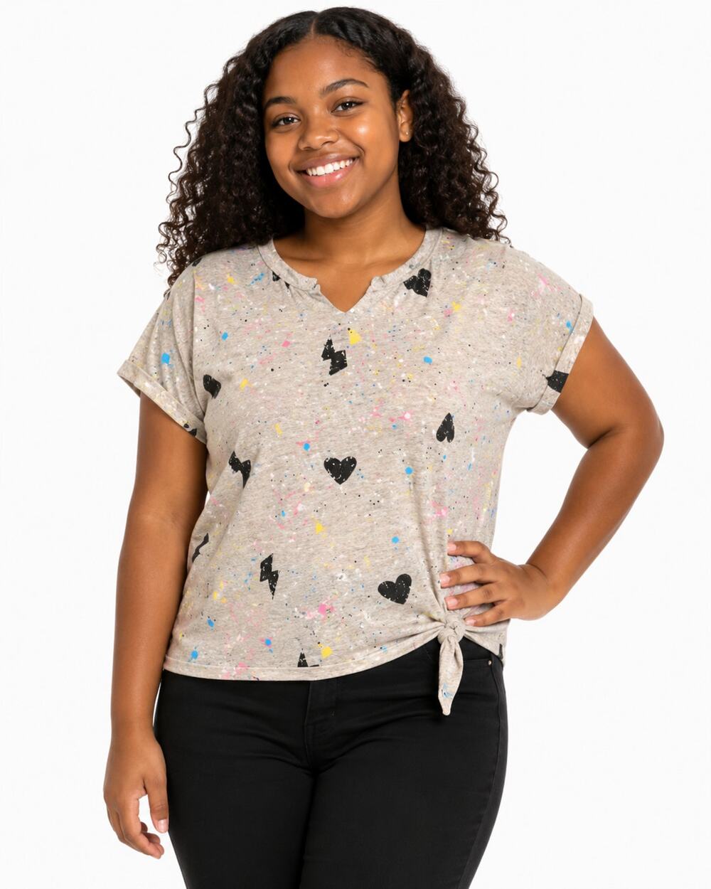 Wonder Nation Girls Gray Lightning Hearts Graphic Tee Side Knot Size XL EUC